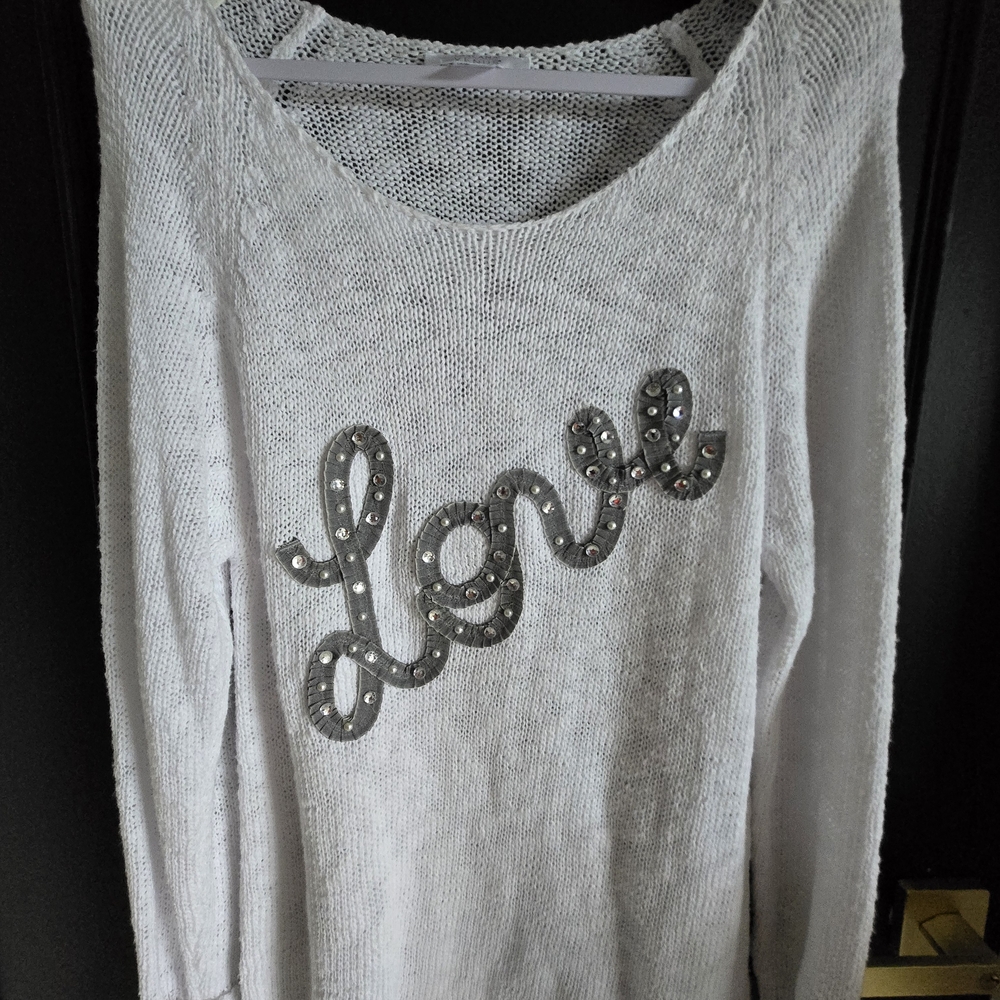 SOLD! White Knit Sweater with Embellished 'Love' Design
